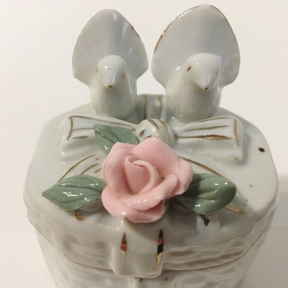Pink Rose Dove Trinket Box Birds Flower Bow Jewelry Treasure White Porcelain - Picture 7 of 10